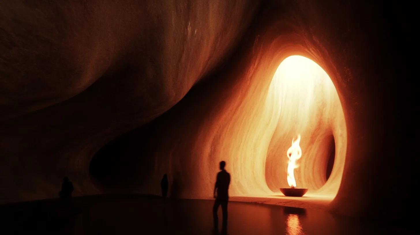 Organic cave with a portal of light at the far end