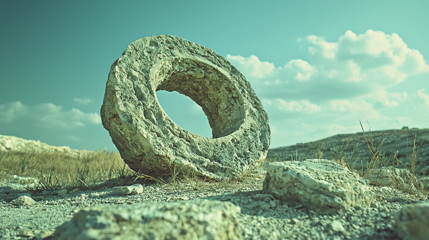 Circular stone portal in an open landscape