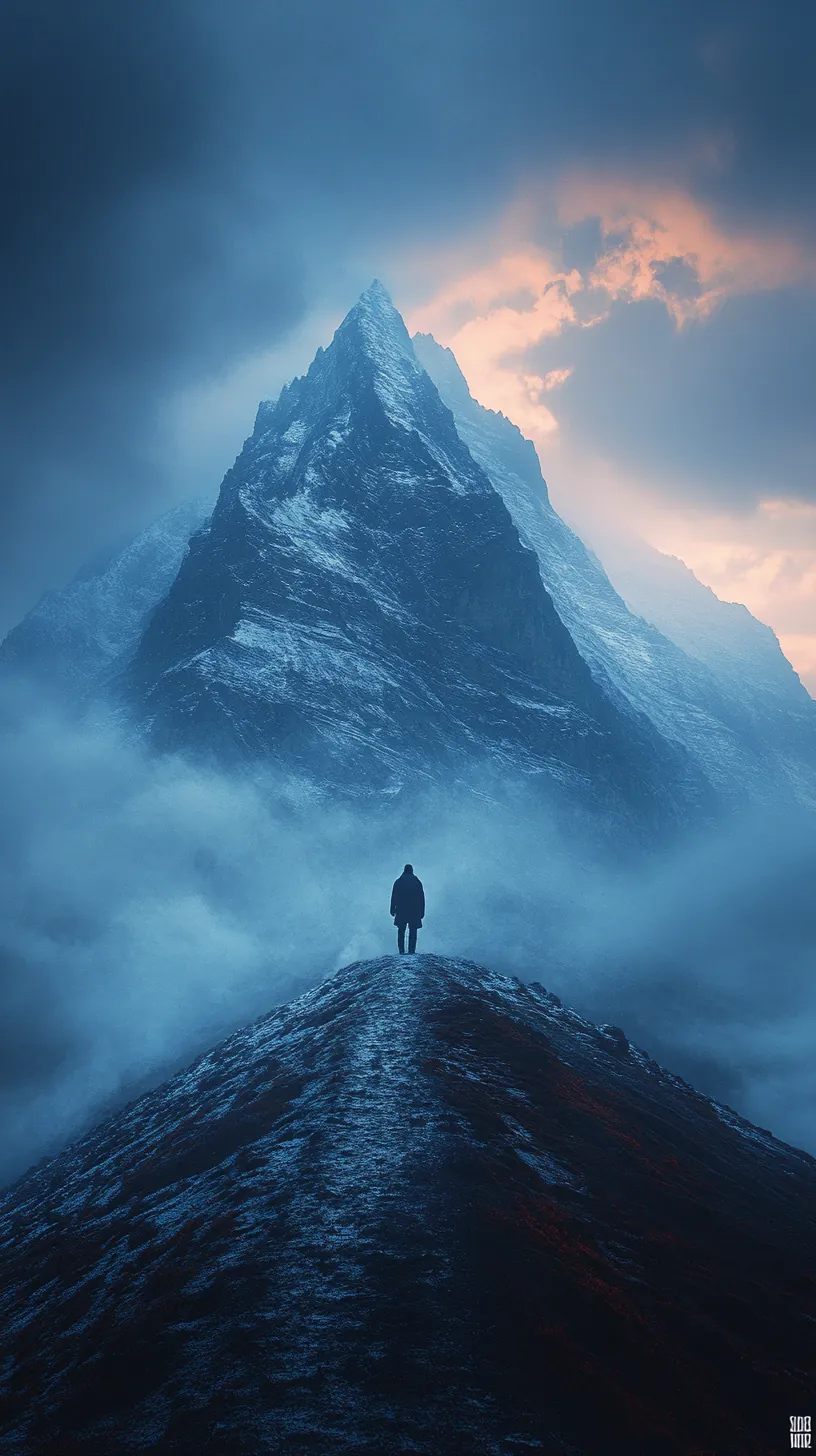 Lone figure facing a mountain shrouded in mist