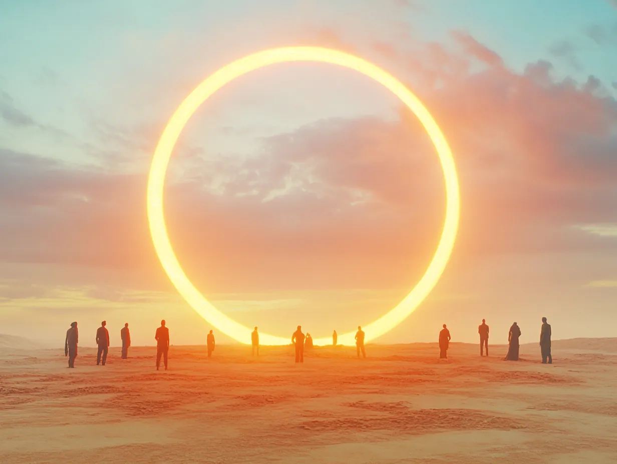 Circle of light suspended over the desert at sunset